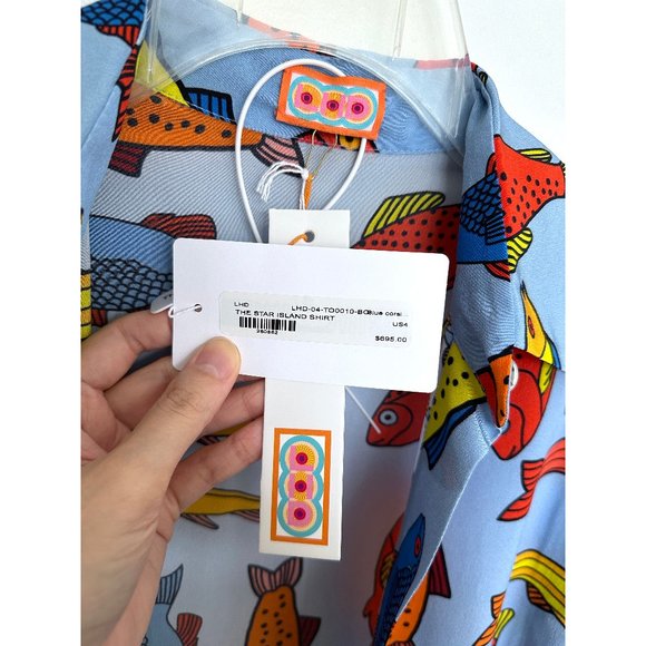 NWT LHD Star Island Blouse Shirt Silk Blue Corsican Trout Print Fish Colorful 4 - Picture 6 of 12